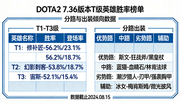 DOTA2 7.36版本T级英雄胜率榜单与分路出装倾向数据配图