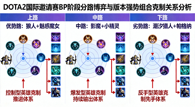 DOTA2国际邀请赛BP阶段分路博弈与版本强势组合克制关系分析配图