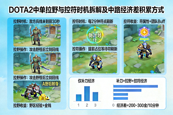 DOTA2中单拉野与控符时机拆解及中路经济差积累方式教学配图