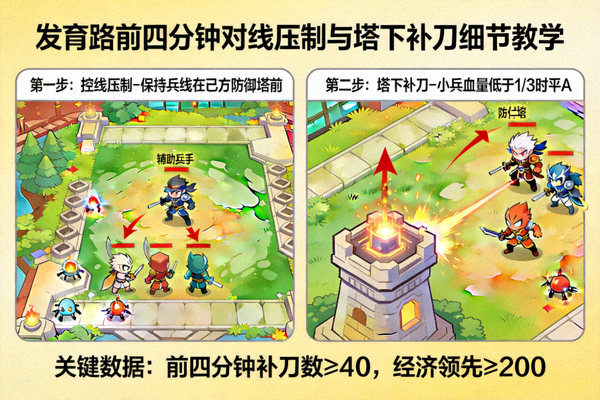王者荣耀发育路对线压制与塔下补刀前四分钟细节处理教学配图