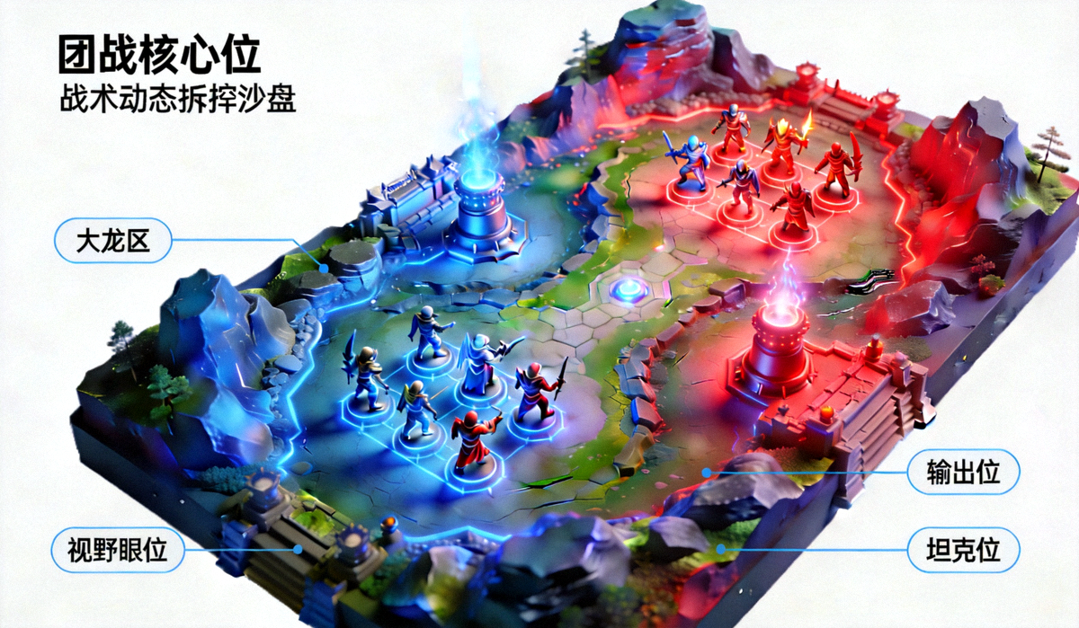 战术动态拆解沙盘还原大龙区视野布控与团战站位三维示意图